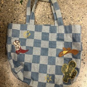 Urban outfitters Blue Checkered Tote Bag with Western Patches NWOT